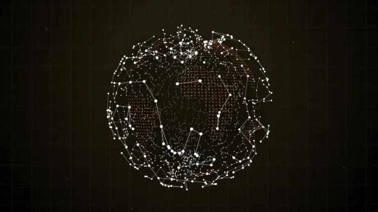 Futuristic planet with continents formed of data dots is floating in space.